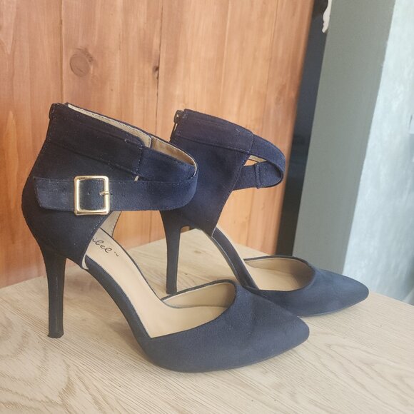 Bonnibel Navy Blue Suede-Like Ankle Strap Heels - Picture 2 of 8